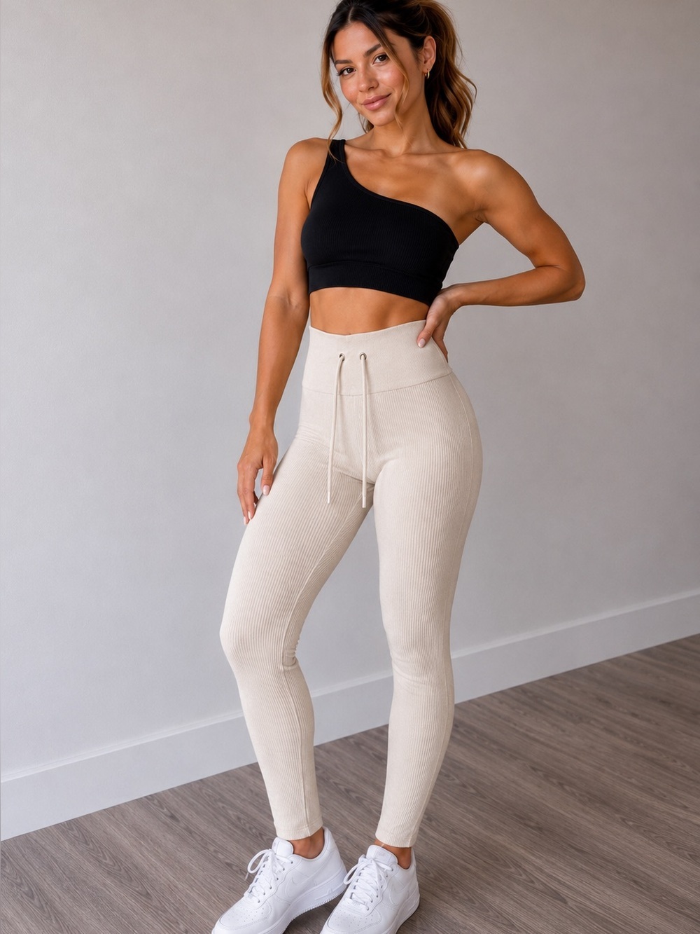 NWT OQQ One-Shoulder Black Crop Top & leggings Athletic Gym Workout set, Med